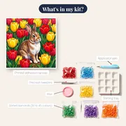 Brown Rabbit Among Red and Yellow Tulips – kit contents