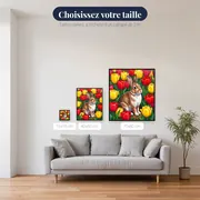 Lapin parmi les tulipes rouges et jaunes – tailles disponibles
