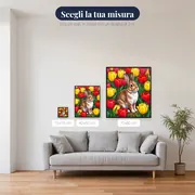 Coniglio seduto tra tulipani rossi e gialli – misure disponibili