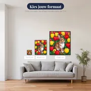 Konijn tussen rode en gele tulpen – beschikbare formaten