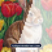 Konijn tussen rode en gele tulpen – close-up van de steentjes