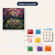 Two Bunnies Under Pink Blossom Tree – kit contents