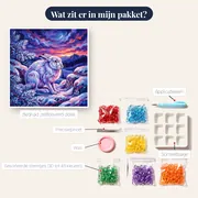 Witte sneeuwhaas in blauwroze schemering – inhoud van het pakket