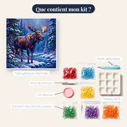 Élan dans la forêt de pins enneigée – contenu du kit