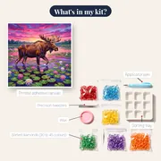 Moose in Pink Dusk Water Lily Pond – kit contents