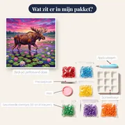 Eland in waterlelievijver bij roze schemering – inhoud van het pakket