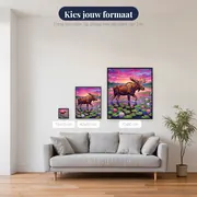 Eland in waterlelievijver bij roze schemering – beschikbare formaten