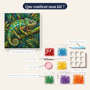 Caméléon arc-en-ciel sur sa branche moussue – contenu du kit
