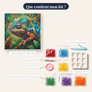 Caméléon panthère bleu et orange en jungle – contenu du kit