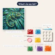 Curled Chameleon on Dewy Monstera Leaf – kit contents