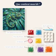 Caméléon lové sur feuille tropicale perlée – contenu du kit