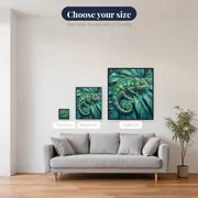 Curled Chameleon on Dewy Monstera Leaf – available sizes