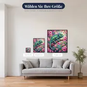 Chamäleon auf rosa Blütenzweig mit Blütenblättern – verfügbare Größen