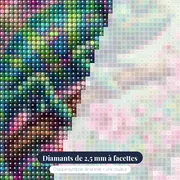 Caméléon sur branche de fleurs roses – gros plan des diamants