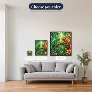 Green and Orange Chameleons on Mossy Branch – available sizes