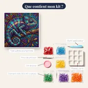 Caméléon mosaïque turquoise, violet et or – contenu du kit
