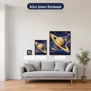Saturnus met gouden ringen in het heelal – beschikbare formaten