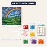 Dubbele regenboog boven groene heuvels – inhoud van het pakket