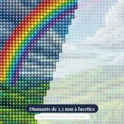 Double arc-en-ciel sur collines vertes – gros plan des diamants
