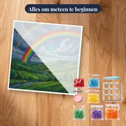 Dubbele regenboog boven groene heuvels – pakket klaar om te beginnen