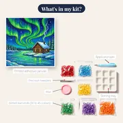 Green Aurora over Snowy Log Cabin – kit contents