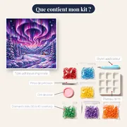 Spirale d'aurore violette sur vallée enneigée – contenu du kit
