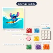 Stitch Riding a Turquoise Wave – kit contents