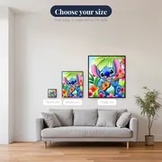 Grinning Stitch Seated Among Plumeria Blooms – available sizes