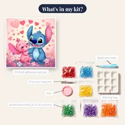 Stitch and Angel Seated Under Falling Hearts – kit contents