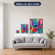 Stitch mit roten Hibiskusblüten im Tropenlaub – verfügbare Größen