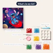 Stitch Grinning Among Colorful Planets – kit contents