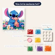 Stitch umarmt kleine Puppe im Blumenfeld – Inhalt des Sets