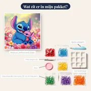 Stitch knuffelt zijn poppetje tussen bloemen – inhoud van het pakket