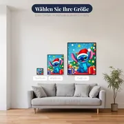 Stitch sitzt auf rotem Teppich zwischen Geschenken – verfügbare Größen