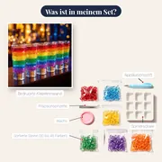 Sechs Regenbogen-Gläser auf dunklem Tresen – Inhalt des Sets