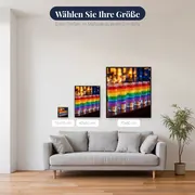 Sechs Regenbogen-Gläser auf dunklem Tresen – verfügbare Größen