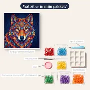 Wolf met kleurrijke mandalapatronen op donkerblauw – inhoud van het pakket