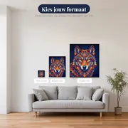 Wolf met kleurrijke mandalapatronen op donkerblauw – beschikbare formaten