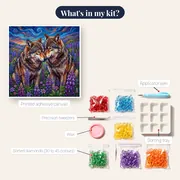 Two Wolves Nuzzling Purple Wildflowers – kit contents
