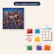 Deux loups parmi les fleurs violettes – contenu du kit