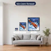 Springende vos in poedersneeuw – beschikbare formaten