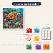 Schildpad met kleurrijk schild boven koraalrif – inhoud van het pakket