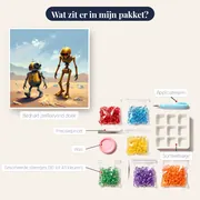 Rond robotje en gouden androïde in woestijn – inhoud van het pakket