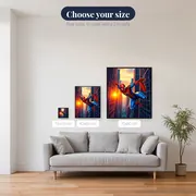 Red-and-Blue Hero Swinging at Sunset – available sizes