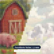 Rote Scheune mit Schwein, Kuh und Schaf – Nahaufnahme der Steine