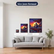 Ninja op dak bij zonsondergang – beschikbare formaten