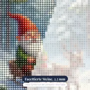 Gnom auf Schneeschlitten im Winterwald – Nahaufnahme der Steine