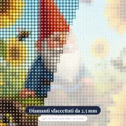 Gnomo tra girasoli e api laboriose – primo piano dei diamanti