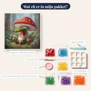Kabouter onder rode reuzenpaddenstoel tijdens zachte regen – inhoud van het pakket