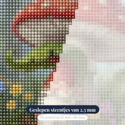 Kabouter onder rode reuzenpaddenstoel tijdens zachte regen – close-up van de steentjes